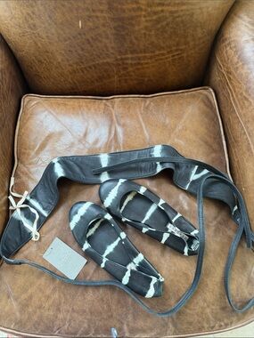 Tie-Dye Black and White Ballet Flats with Ankle Wrap